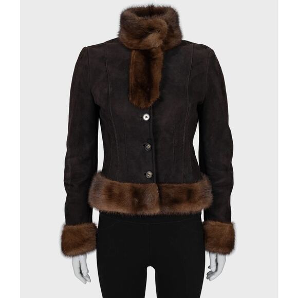 Valentino Brown Shearling  Luxurious Fur Trim Coat UK6/S - Picture 1 of 4